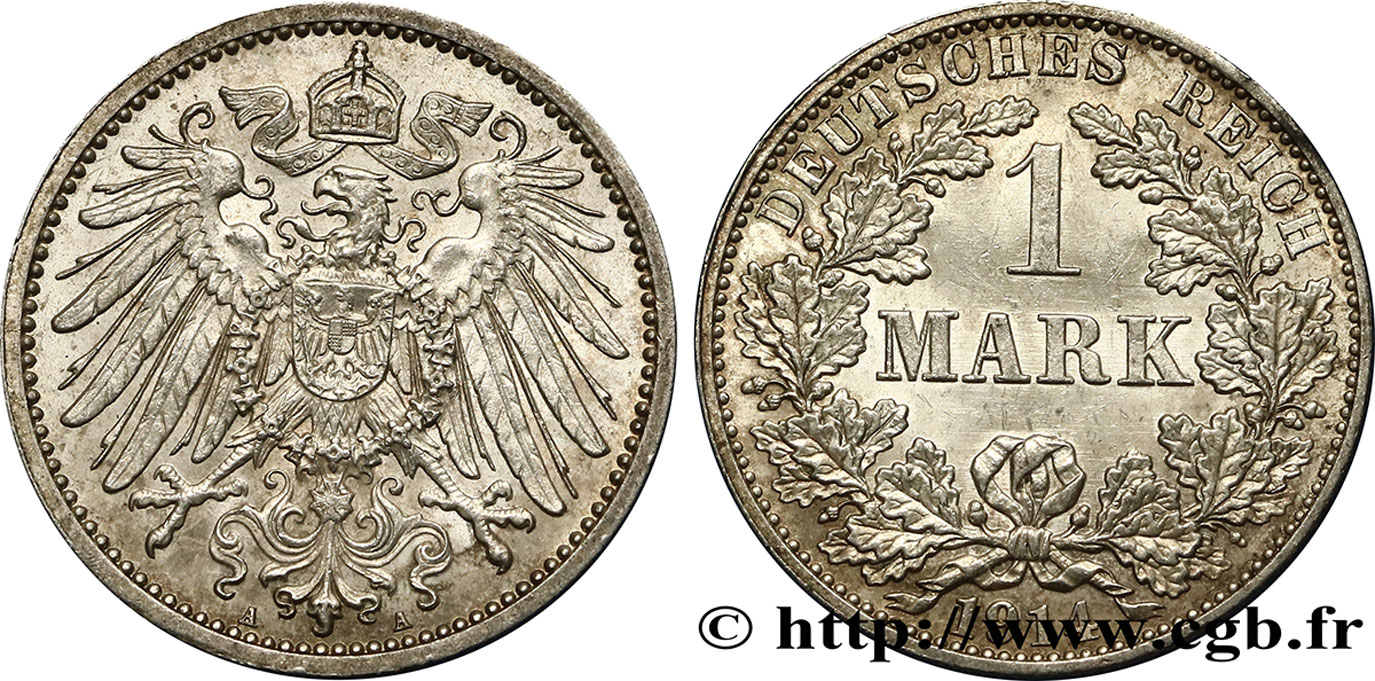 ALEMANIA 1 Mark Empire aigle impérial 2e type 1914 Berlin MBC+ 