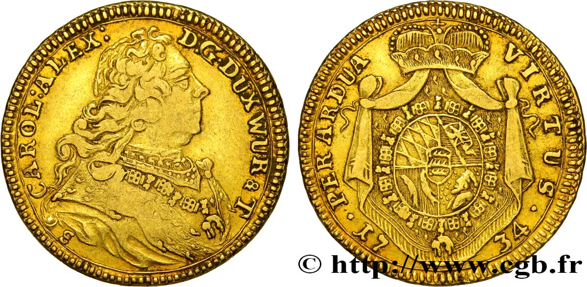 GERMANY - DUCHY OF WURTEMBERG - CHARLES I ALEXANDER Carolin ou 10 Gulden 1734 Stuttgart XF 