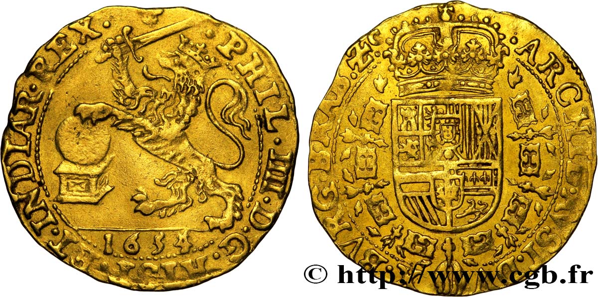 SPANISH NETHERLANDS - DUCHY OF BRABANT - PHILIP IV Souverain ou Lion d’or 1654 Bruxelles XF 