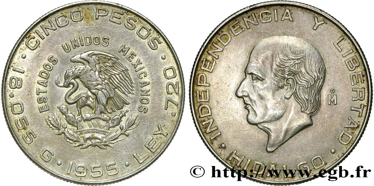MEXIQUE 5 Pesos Miguel Hidalgo y Costilla 1955 Mexico TTB+ 