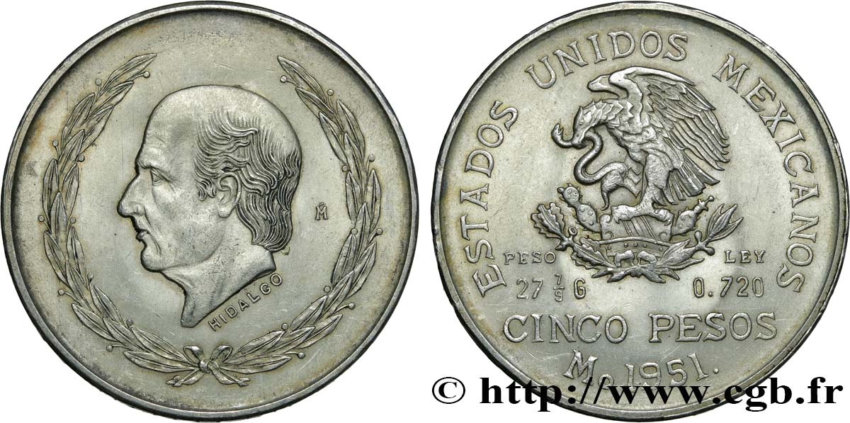 MEXIQUE 5 Pesos Miguel Hidaldo y Costilla 1951 Mexico TTB+ 