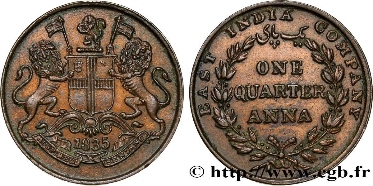 INDES BRITANNIQUES 1/4 Anna East India Company 1835  SUP 