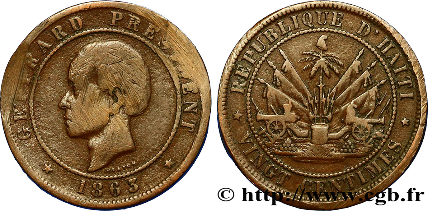 HAITI 20 Centimes président Geffrard 1863 Heaton F 