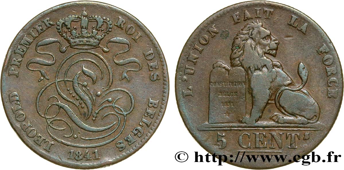 BELGIQUE 5 Centimes monogramme de Léopold Ier / lion 1841  TB+ 