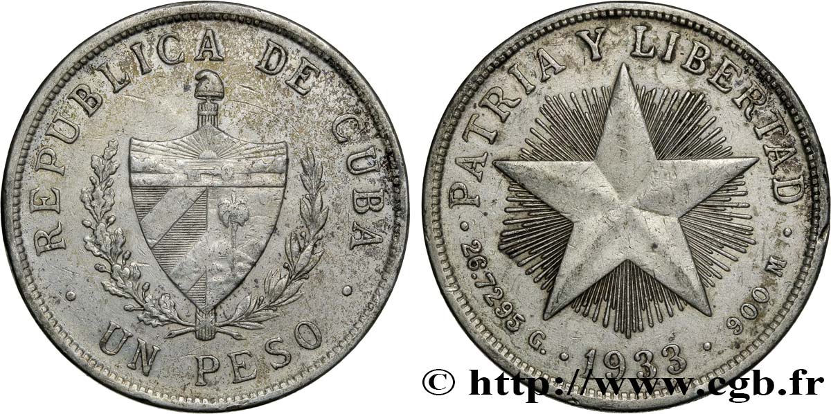 CUBA 1 Peso emblème / étoile 1933  TTB 