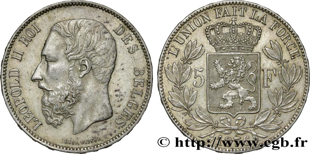 BELGIQUE 5 Francs Léopold II 1876  TTB+ 