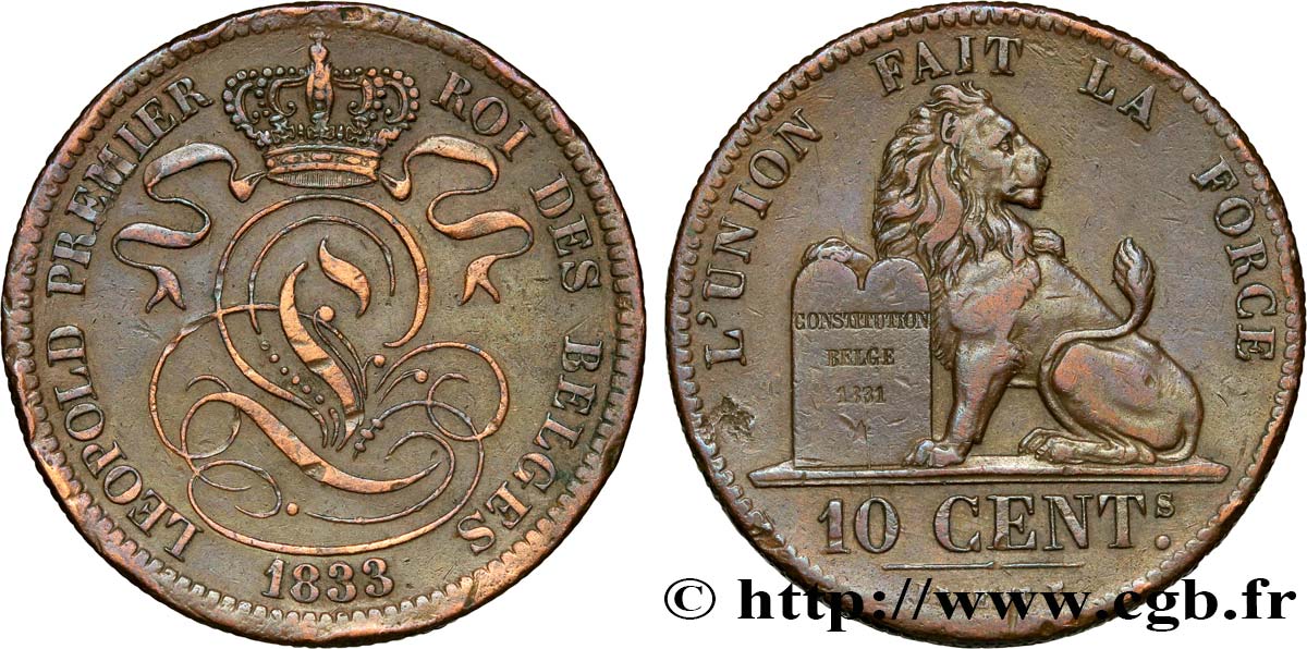 BELGIQUE 10 Centimes lion 1833  TB+ 