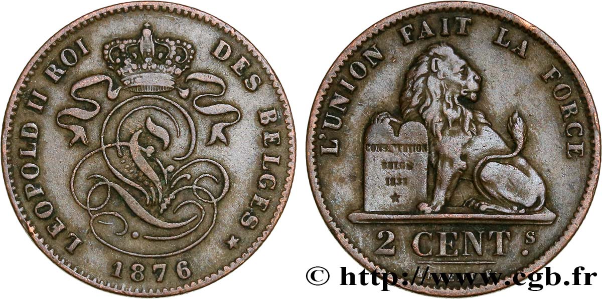 BELGIQUE 2 Centimes lion monogramme de Léopold II 1876  TTB 