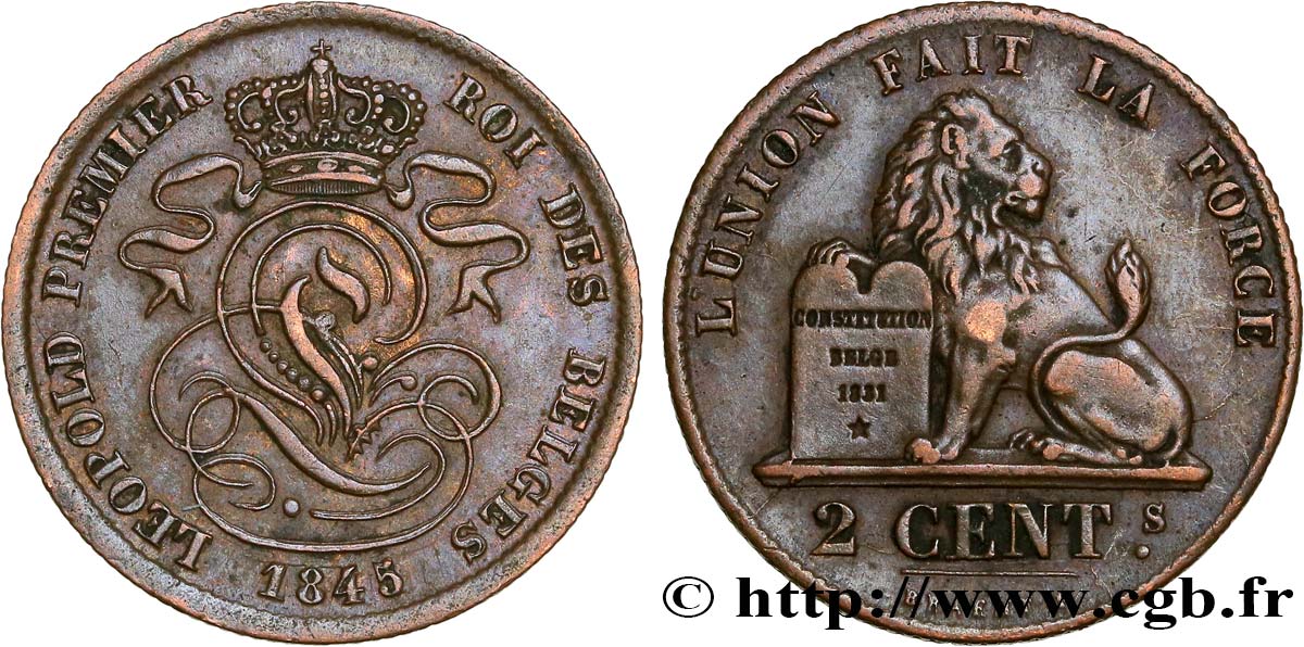 BELGIQUE 2 Centimes lion monogramme de Léopold Ier 1845  TTB+ 