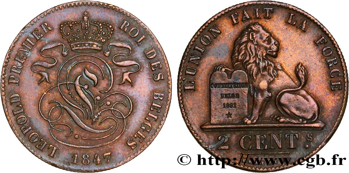 BELGIQUE 2 Centimes lion monogramme de Léopold Ier 1847  TTB+ 