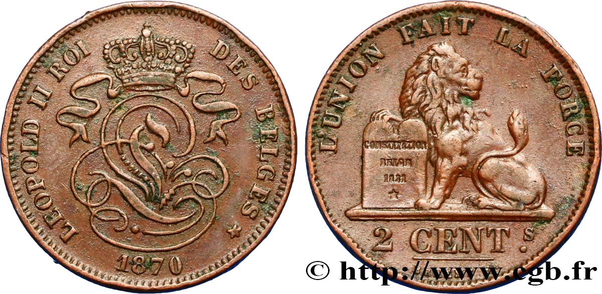 BELGIQUE 2 Centimes lion monogramme de Léopold II 1870  TTB+ 