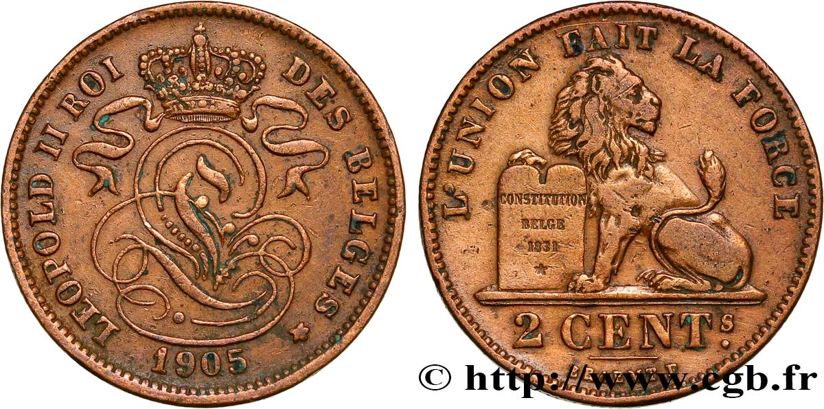 BELGIQUE 2 Centimes lion monogramme de Léopold II légende flamande 1905  TTB 