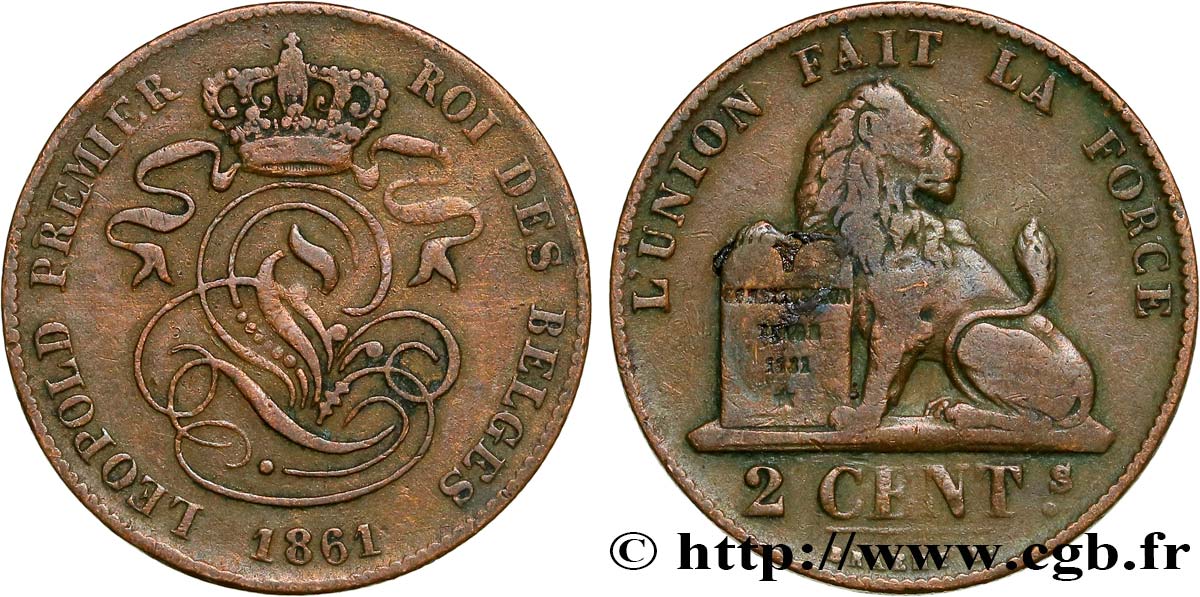 BELGIQUE 2 Centimes lion monogramme de Léopold Ier 1861  TB+ 