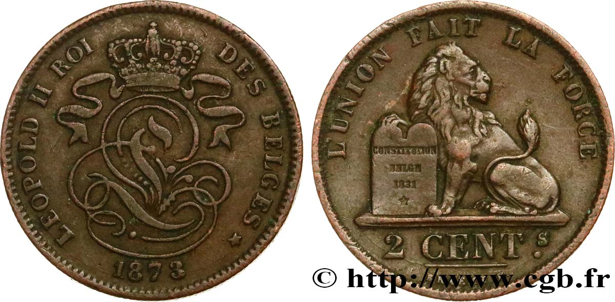 BELGIQUE 2 Centimes lion monogramme de Léopold II 1873  TTB 