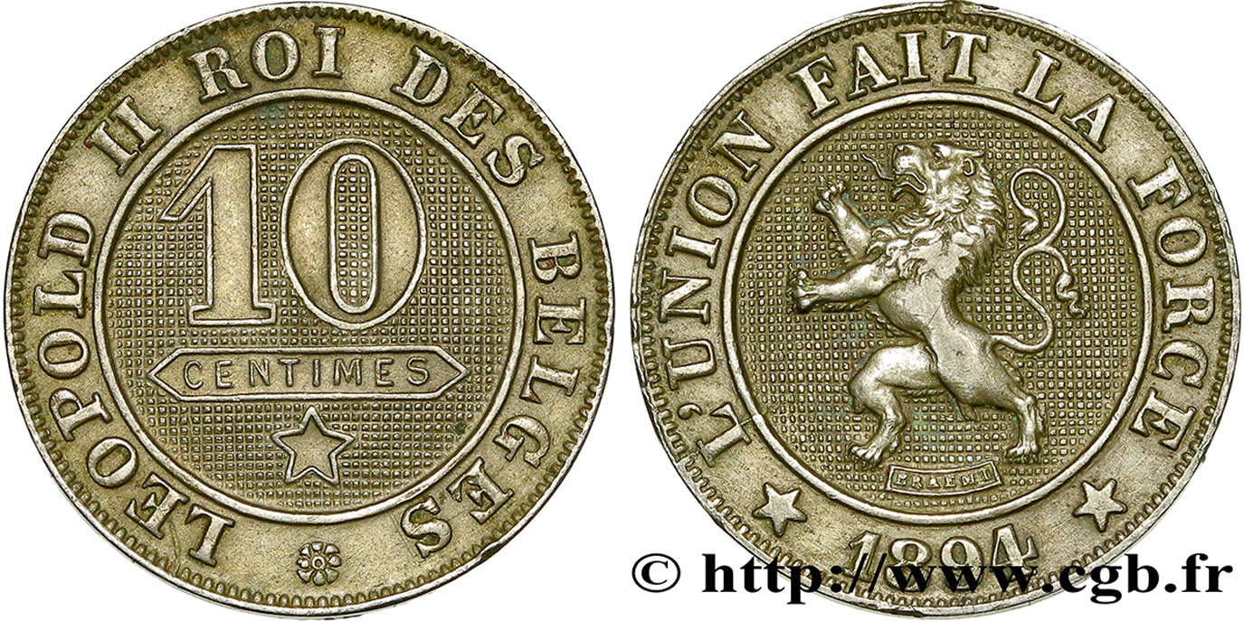 BELGIUM 10 Centimes lion légende française 1894  AU 