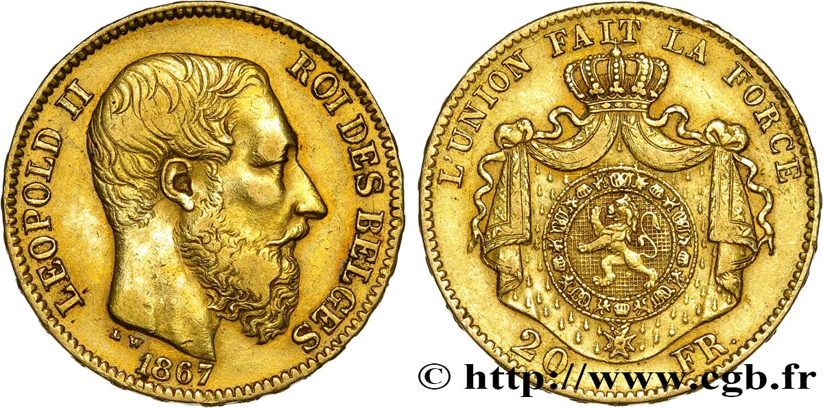 BELGIQUE 20 Francs or Léopold II 1867 Bruxelles TTB 