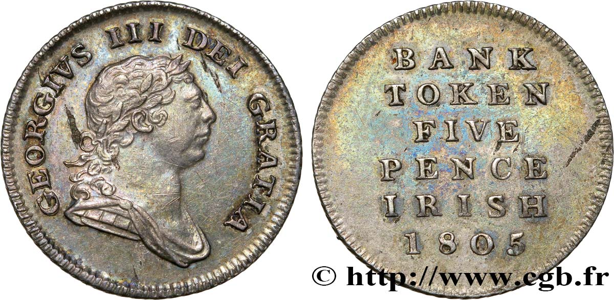 IRLANDE 5 Pence Bank Token Georges III 1805  TTB+ 