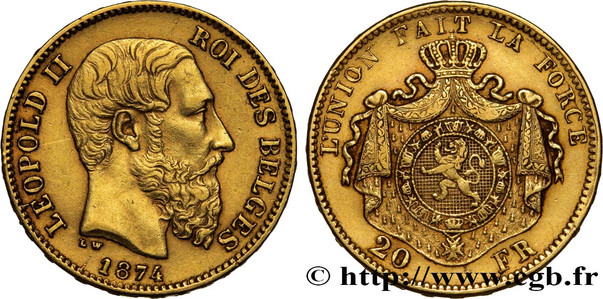 BELGIQUE 20 Francs Léopold II 1874 Bruxelles TTB 