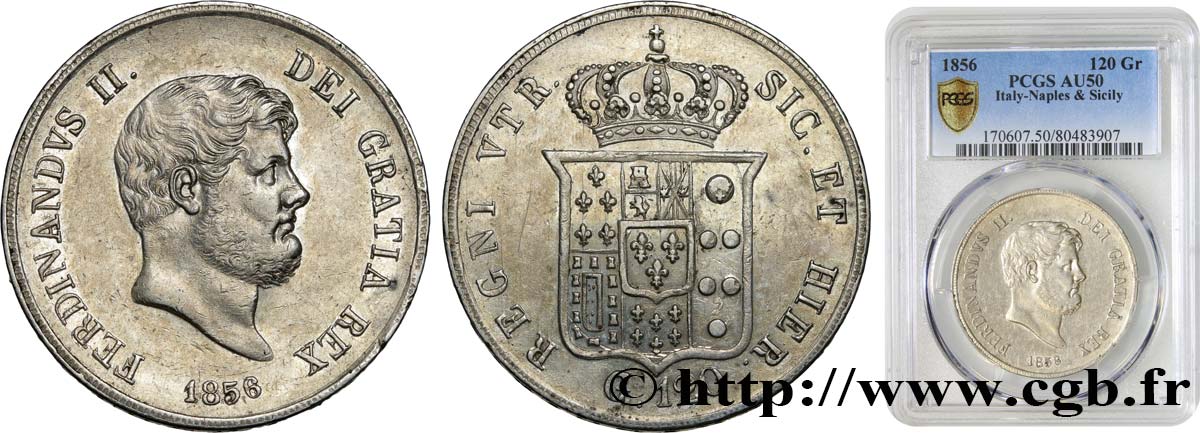 ITALIEN - KÖNIGREICH BEIDER SIZILIEN 120 Grana Ferdinand II 1856 Naples SS50 PCGS