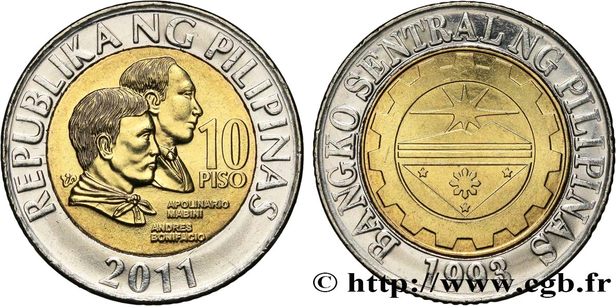 PHILIPPINES 10 Pisos Apolinario Marini et Andres Bonifacio / sceau de la Banque Centrale des Philippines 2011  MS 