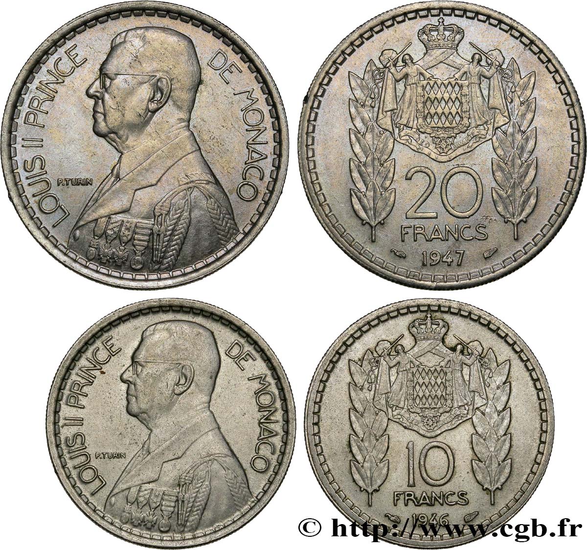 MONACO Lot 10 et 20 Francs prince Louis II 1946-1947 Paris SUP 