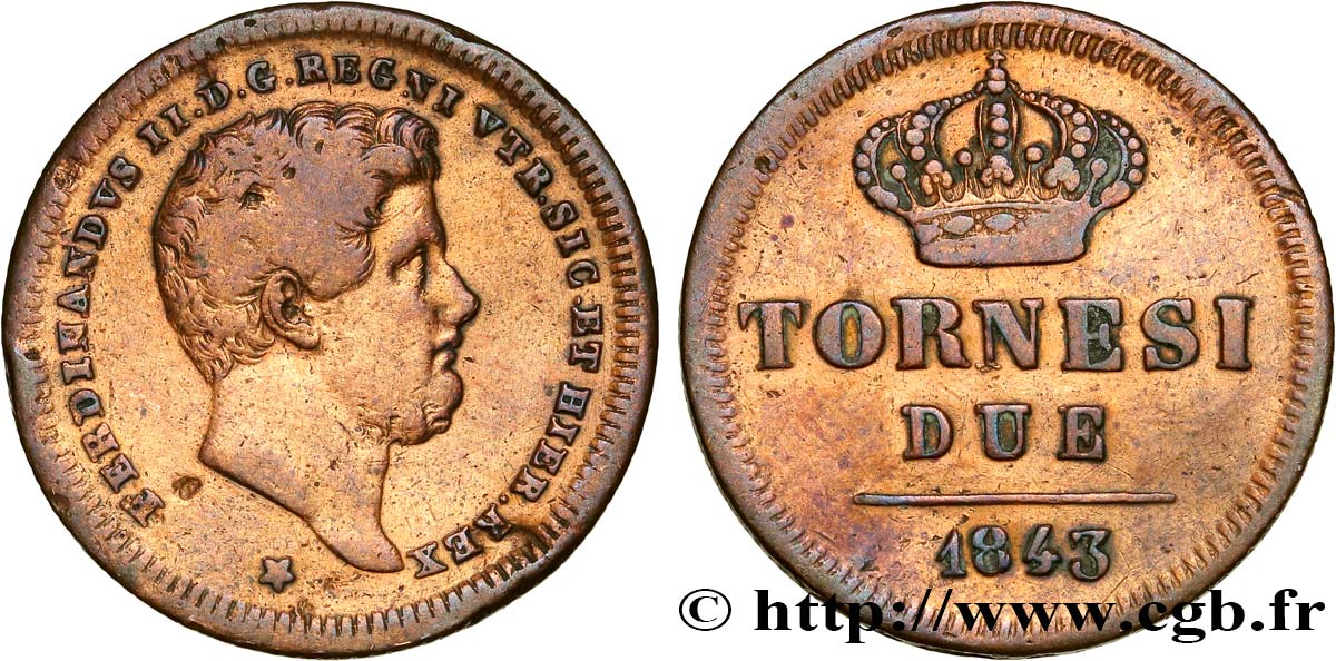 ITALIE - ROYAUME DES DEUX-SICILES 2 Tornesi Ferdinand II 1843 Naples B+ 