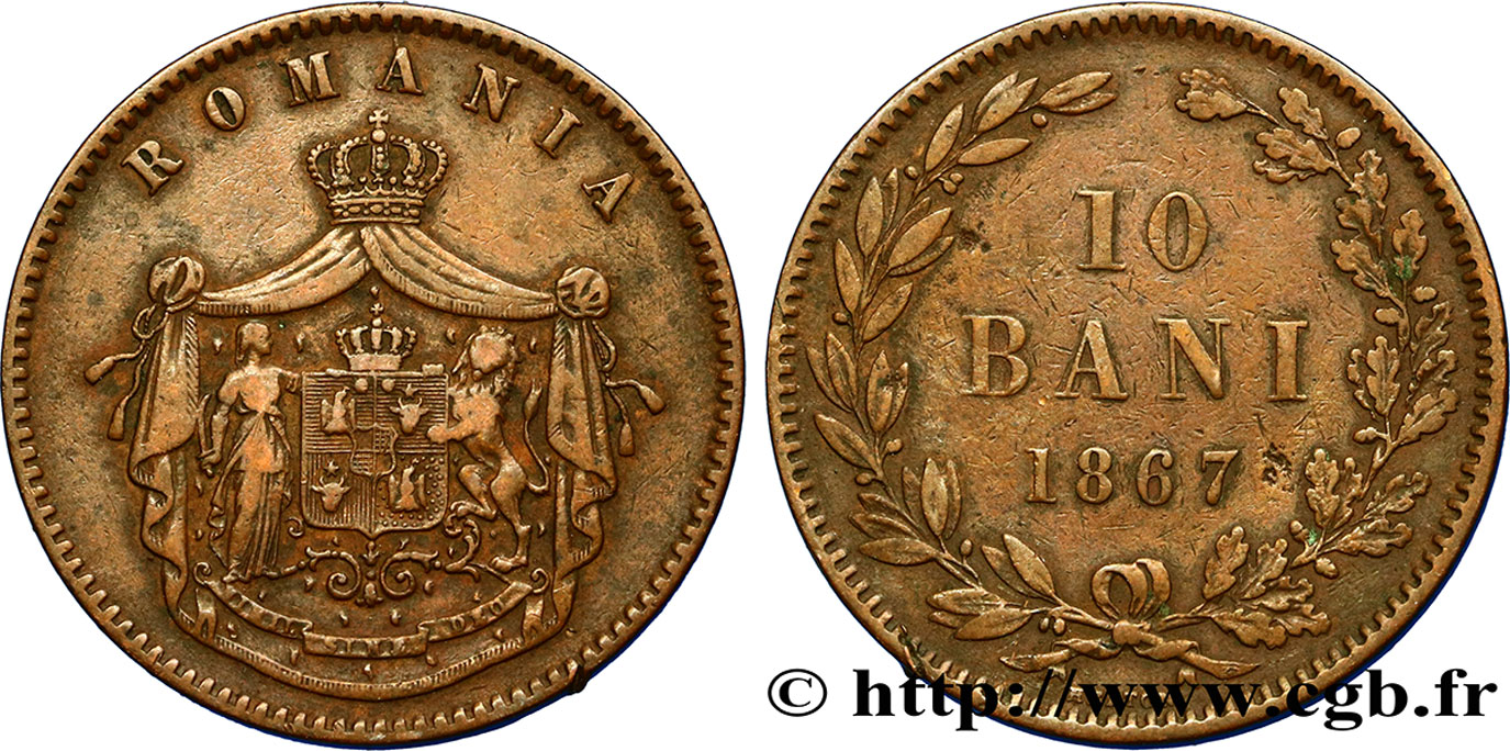 ROMANIA 10 Bani armes 1867 Heaton q.BB 