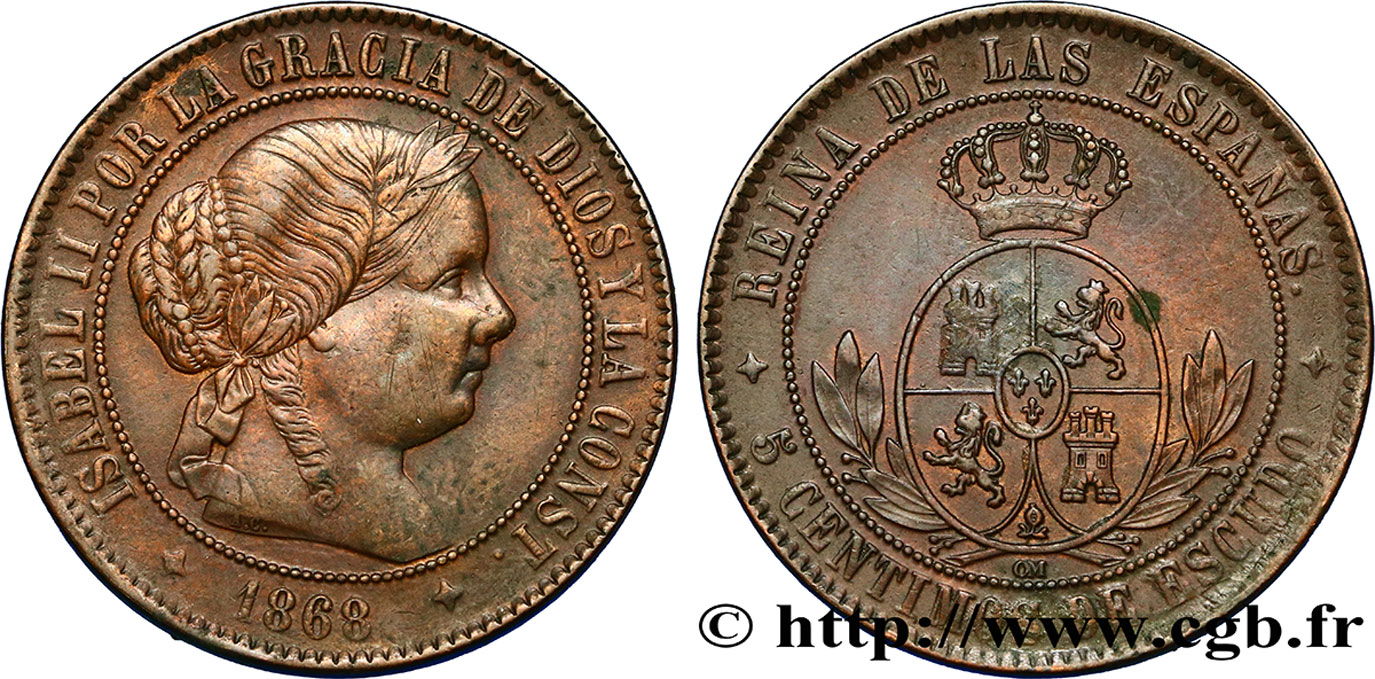 ESPAGNE 5 Centimos de Escudo Isabelle II  1868 Oeschger Mesdach & CO TTB/TTB+ 