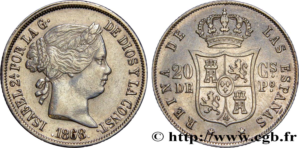 PHILIPPINES - ISABELLE II D ESPAGNE 4 Reales ou 20 Cts de Peso 1868 Manille TTB 