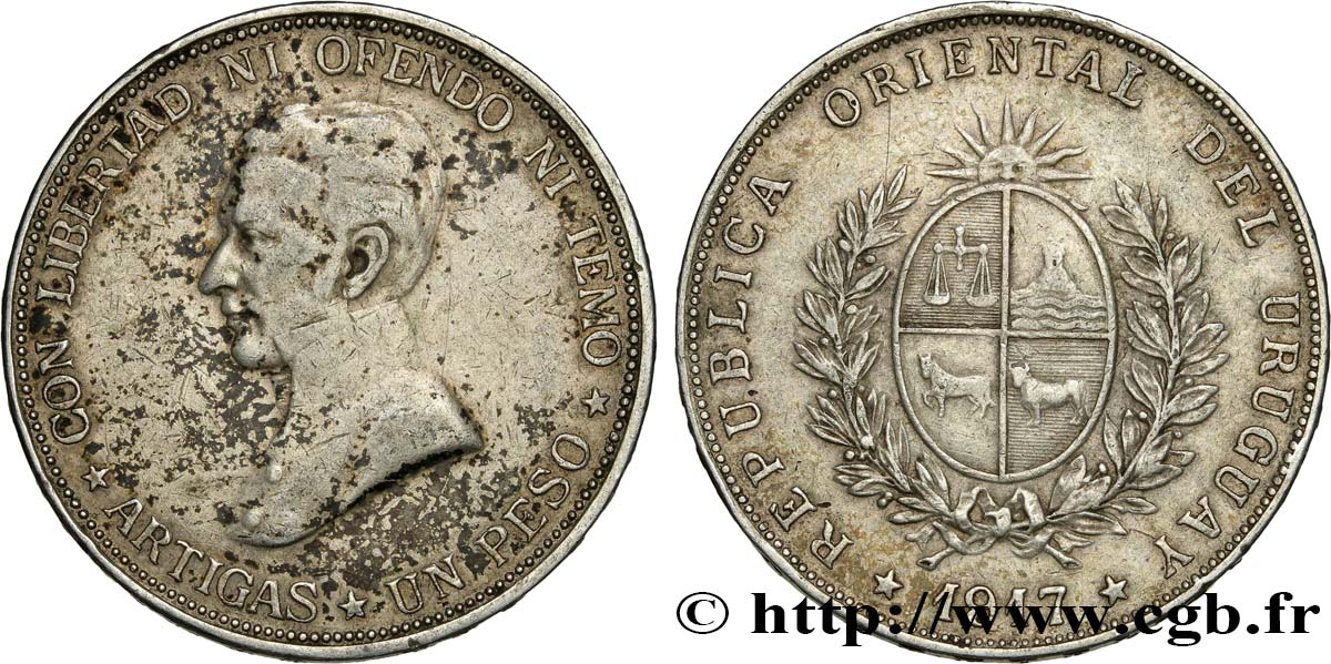 URUGUAY 1 Peso Gaucho Jose Gervasio Artigas 1917  TTB 