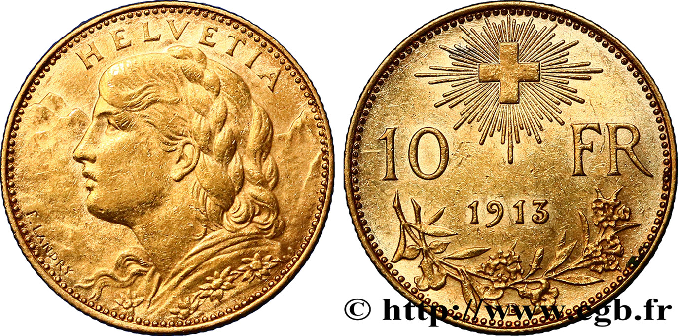 SUISSE 10 Francs or  Vreneli  1913 Berne TTB+ 