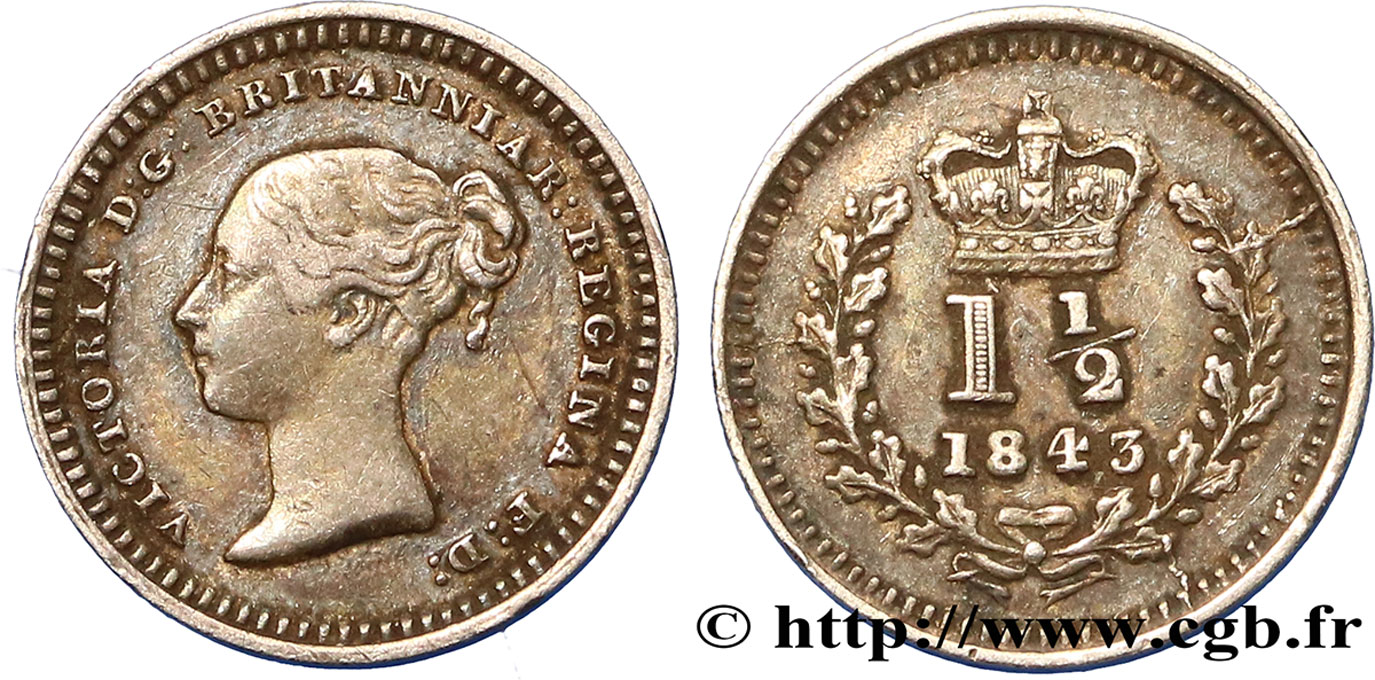 ROYAUME-UNI 1 1/2 Pence Victoria 1843  TTB 