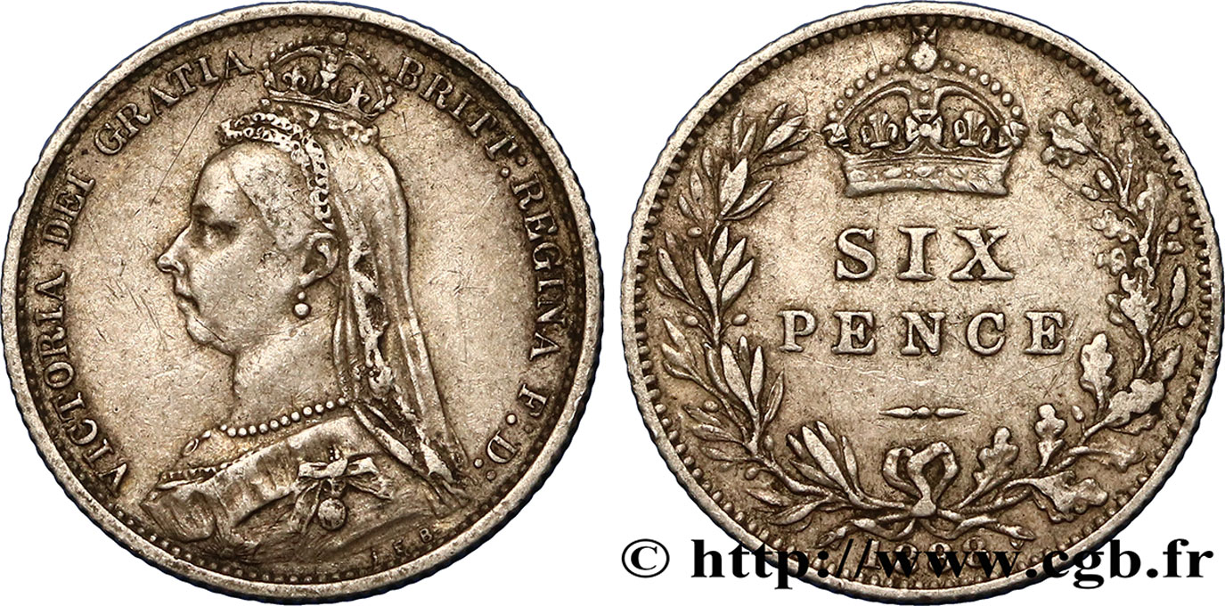 ROYAUME-UNI 6 Pence Victoria couronné 1888  TTB 