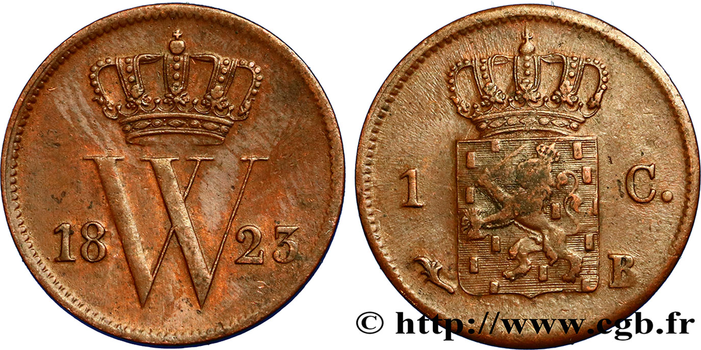 NETHERLANDS 1 Cent monogramme de Guillaume Ier 1823 Bruxelles XF 