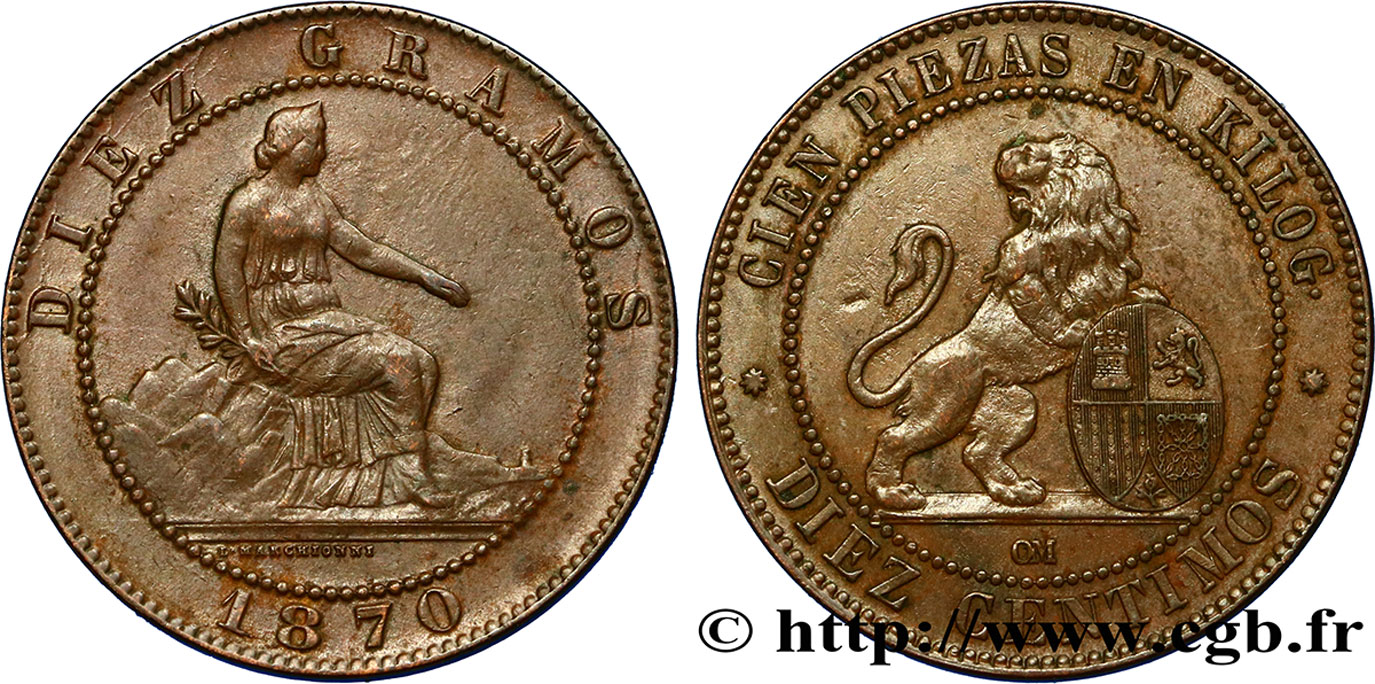 ESPAGNE 10 Centimos monnayage provisoire “ESPAÑA” assise / lion au bouclier 1870 Oeschger Mesdach & CO TTB+ 
