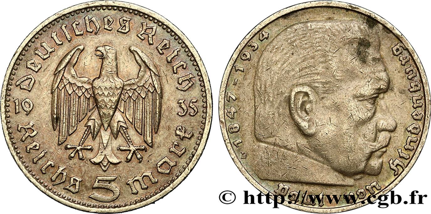 GERMANY 5 Reichsmark Aigle / Maréchal Paul von Hindenburg 1935 Munich XF 