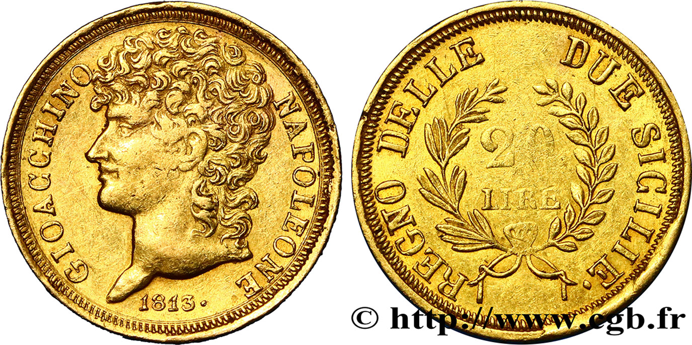 ITALY - KINGDOM OF NAPLES - JOACHIM MURAT 20 Lire or, rameaux longs 1813 Naples XF 
