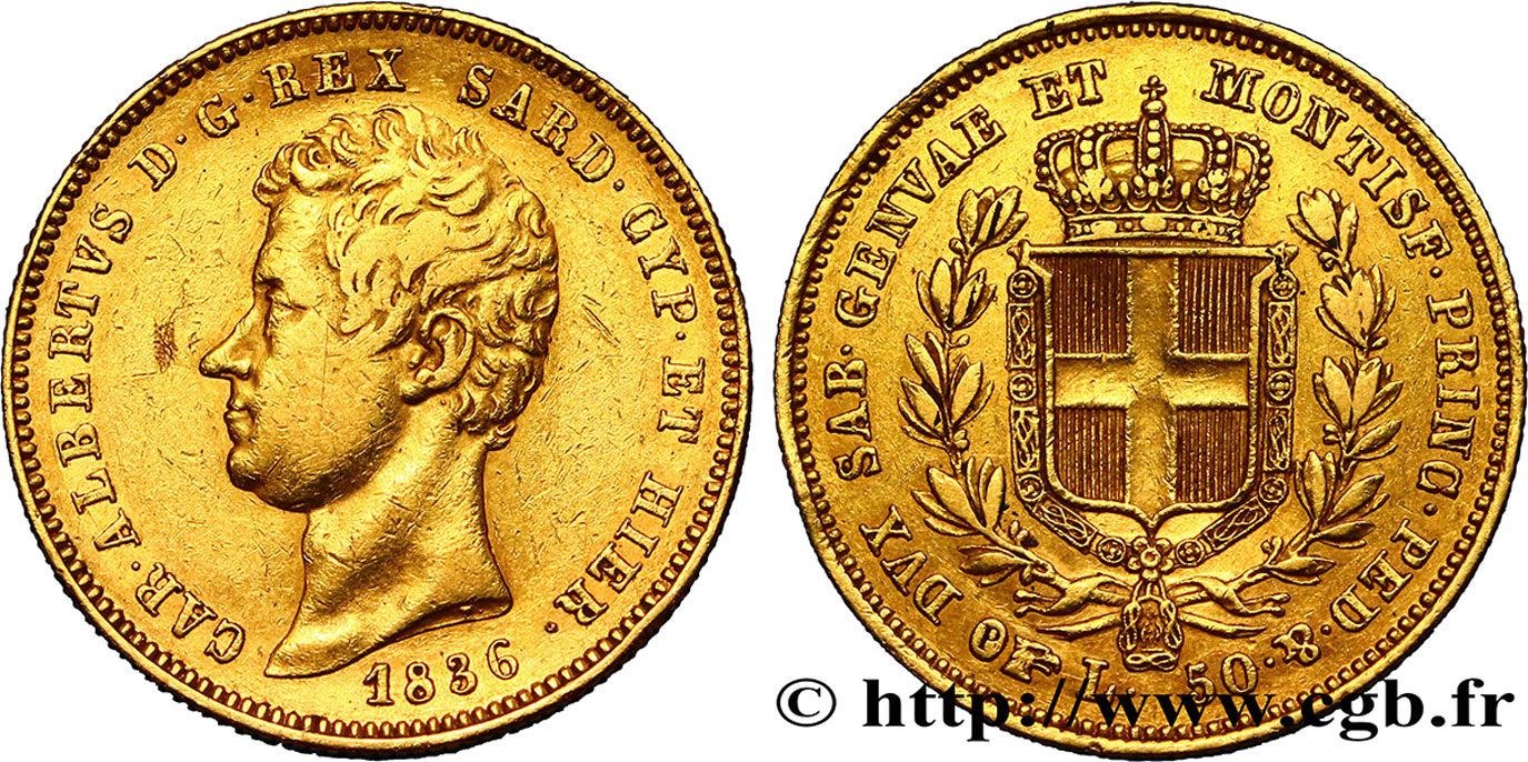 ITALY - KINGDOM OF SARDINIA - CHARLES-ALBERT 50 Lire 1836 Turin XF 