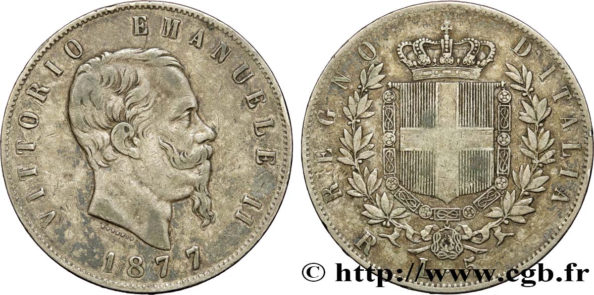 ITALIE 5 Lire Victor Emmanuel II 1877 Rome TTB 