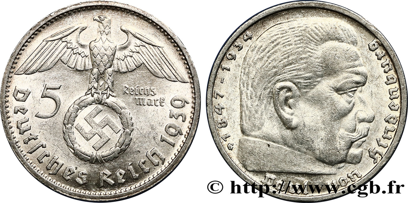 ALLEMAGNE 5 Reichsmark aigle / Maréchal Paul von Hindenburg 1939 Karlsruhe - G SUP 