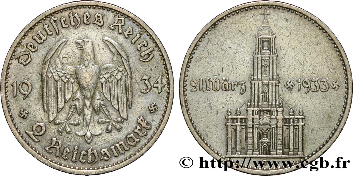 ALLEMAGNE 2 Reichsmark aigle / commémoration du serment du 21 mars 1933 en l’église de la garnison de Potsdam 1934 Karlsruhe - G TTB 