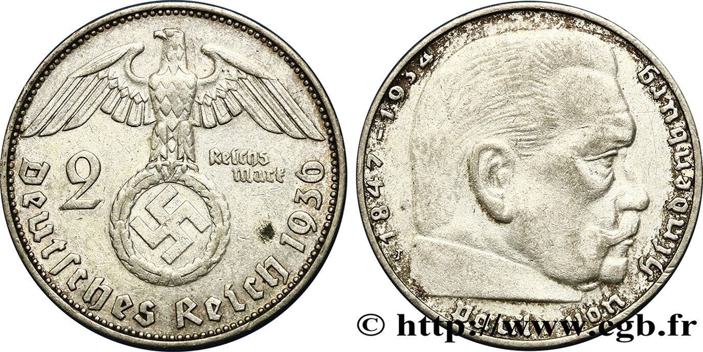 ALLEMAGNE 2 Reichsmark aigle surmontant une swastika / Maréchal Paul von Hindenburg 1936 Hambourg TTB 