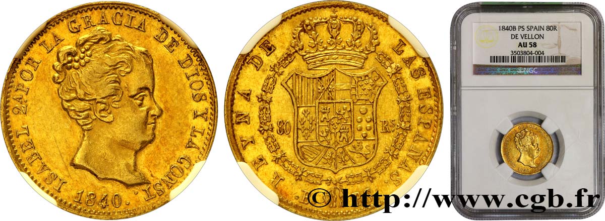 SPAIN - KINGDOM OF SPAIN - ISABELLA II 80 Reales 1840 Barcelone AU58 NGC