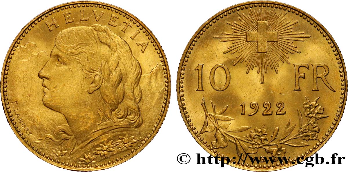 SUISSE 10 Francs or  Vreneli  1922 Berne SPL 