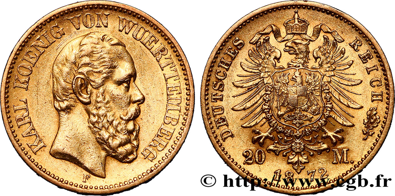 ALLEMAGNE - WURTEMBERG 20 Mark or Charles Ier 1872 Stuttgart TTB+ 