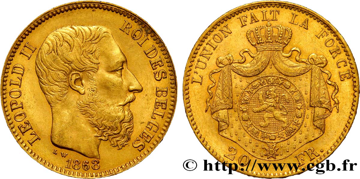BELGIQUE 20 Francs Léopold II 1868 Bruxelles TTB+ 