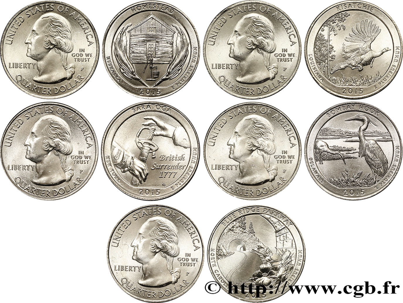VEREINIGTE STAATEN VON AMERIKA Série complète des 5 monnaies de 1/4 de Dollar 2015 2015 Philadelphie - P fST 