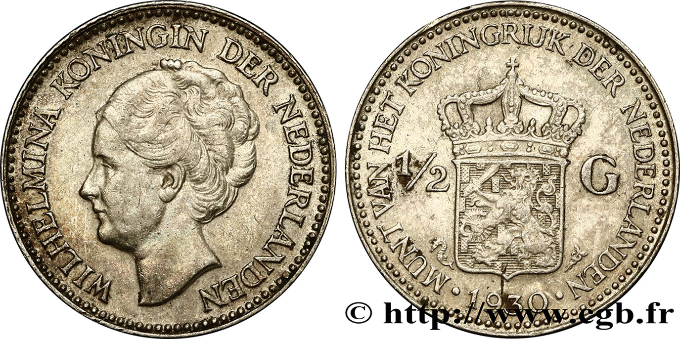 NETHERLANDS 1/2 Gulden Wilhelmina 1930  AU 