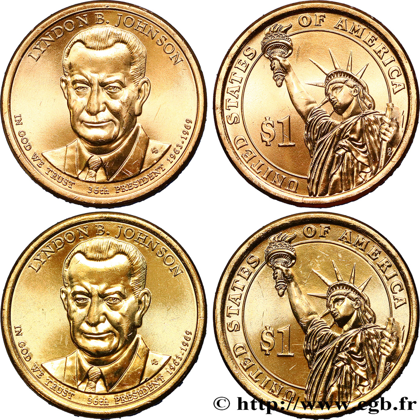 UNITED STATES OF AMERICA Lot de deux monnaies 1 Dollar Lyndon B. Johnson 2015 Philadelphie + Denver MS 