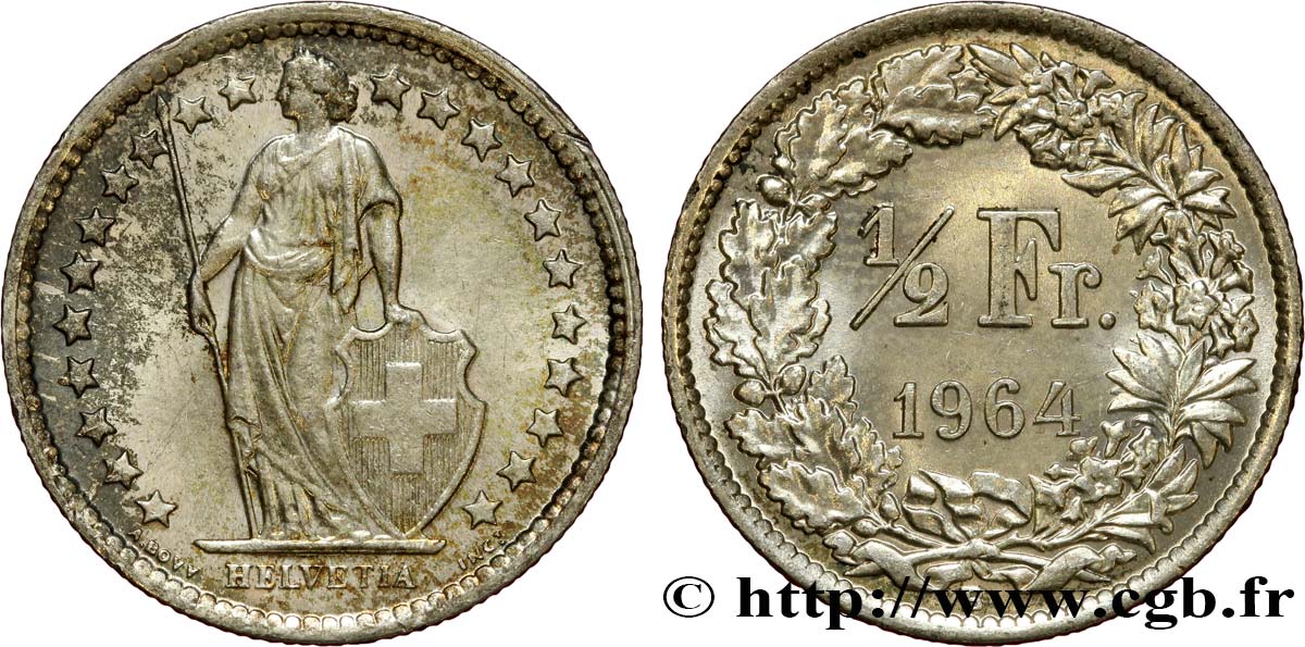 SWITZERLAND 1/2 Franc Helvetia 1964 Berne MS 